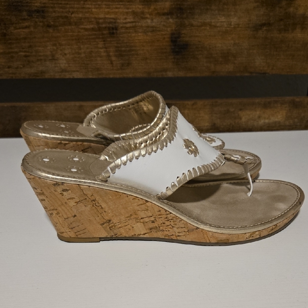 Jack Rogers Women's White and Gold Leather Upper Wedge Sandals Size 9.5